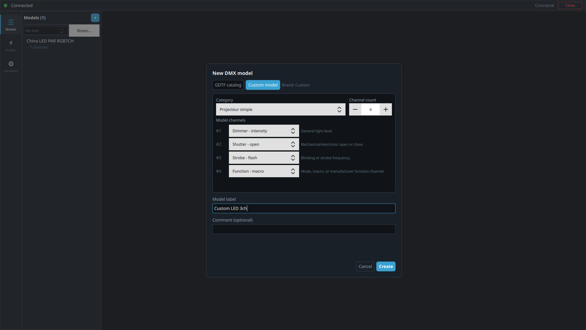 New DMX model window, Custom model tab, with category, channels, and label filled in