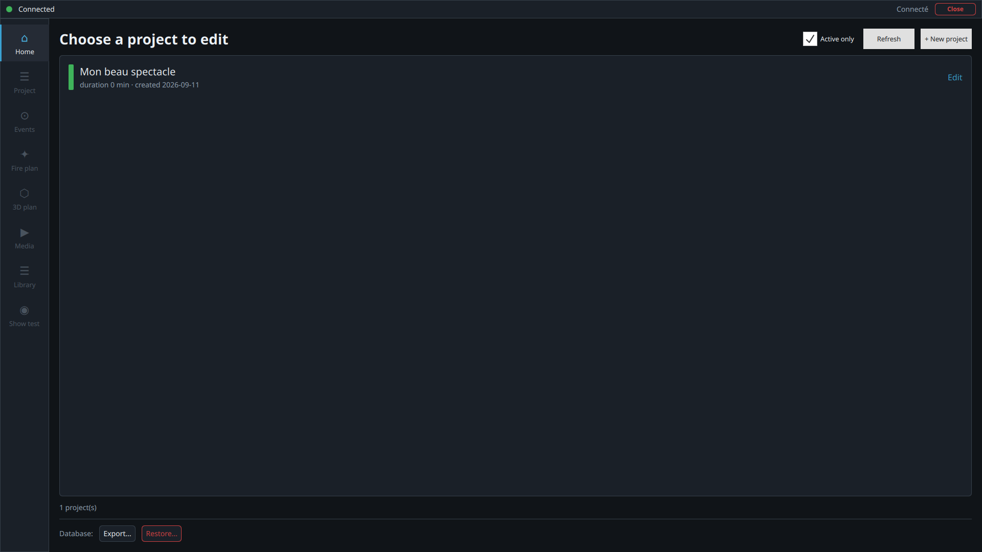 Project list in the editor, with the language already set to English