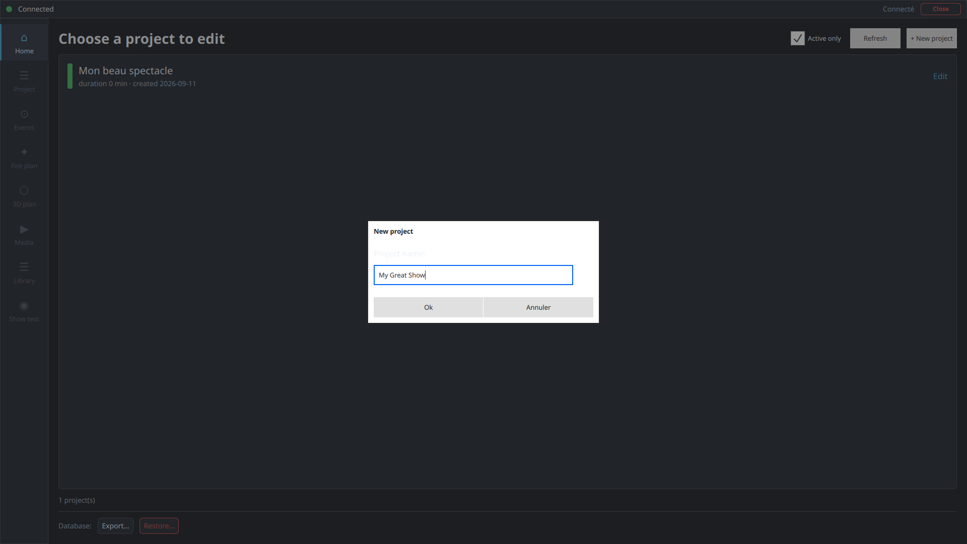 New project dialog with the name My Great Show entered