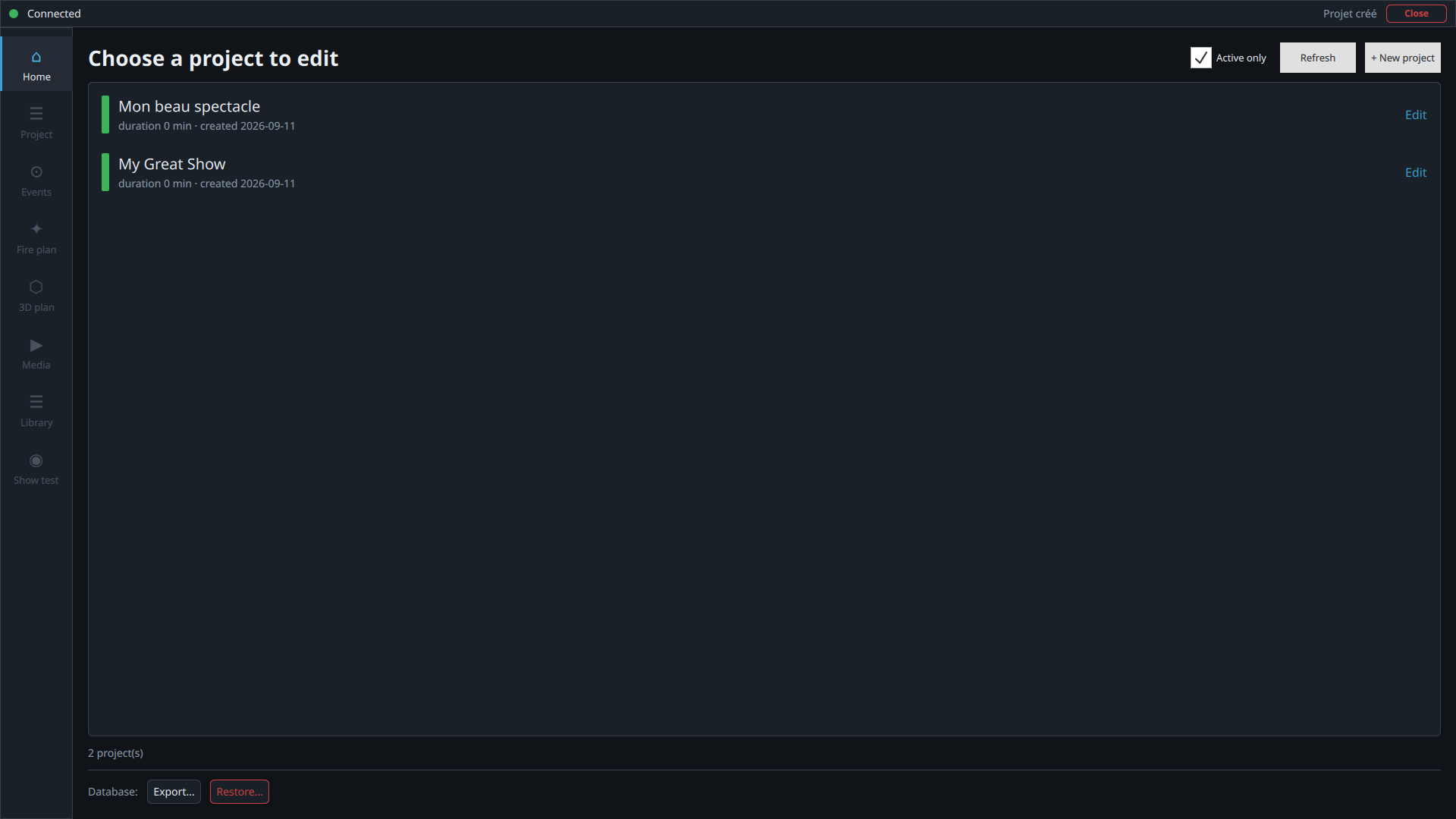 Project list in the Editor