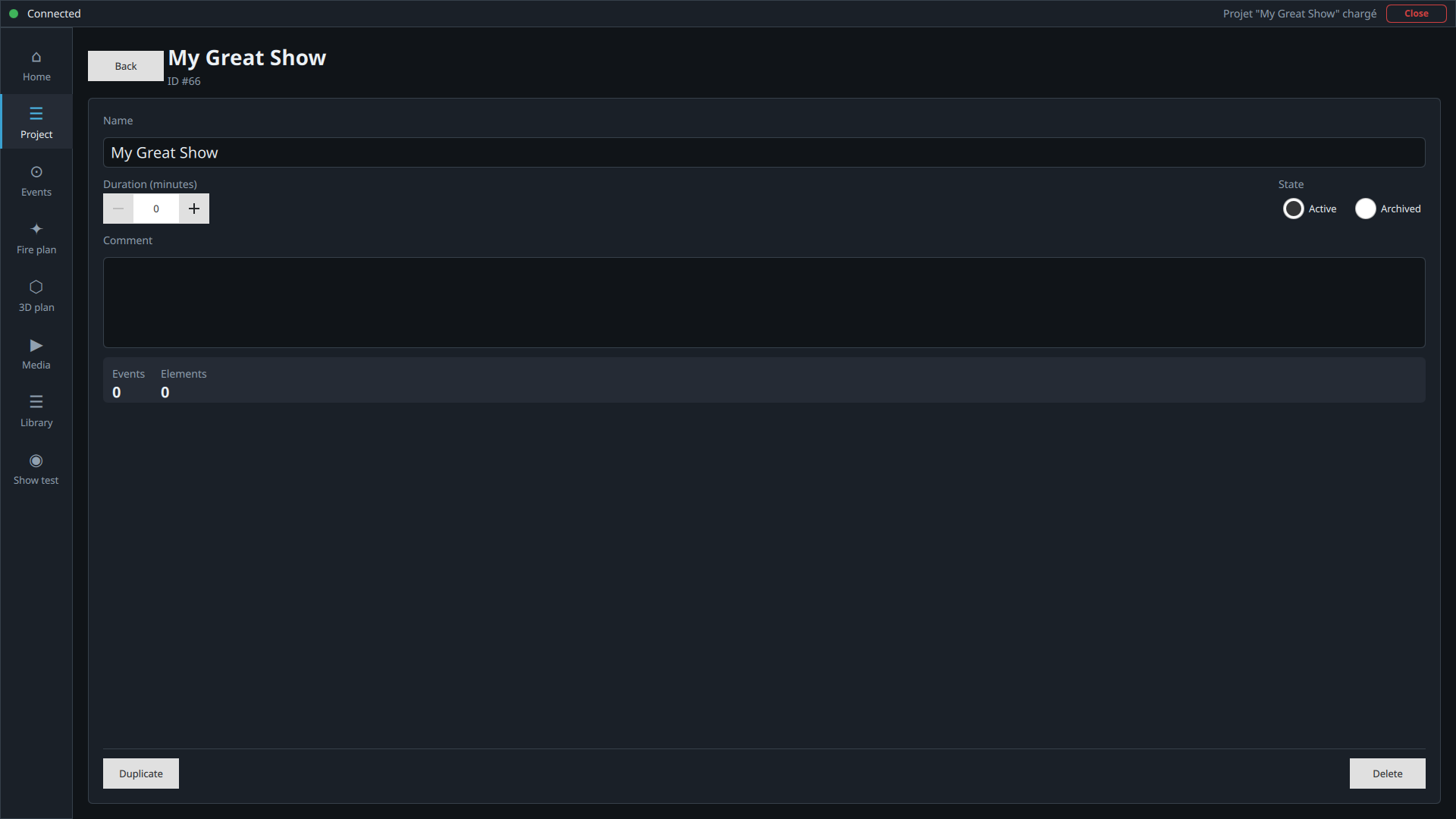 Project page with name, duration, status and comment