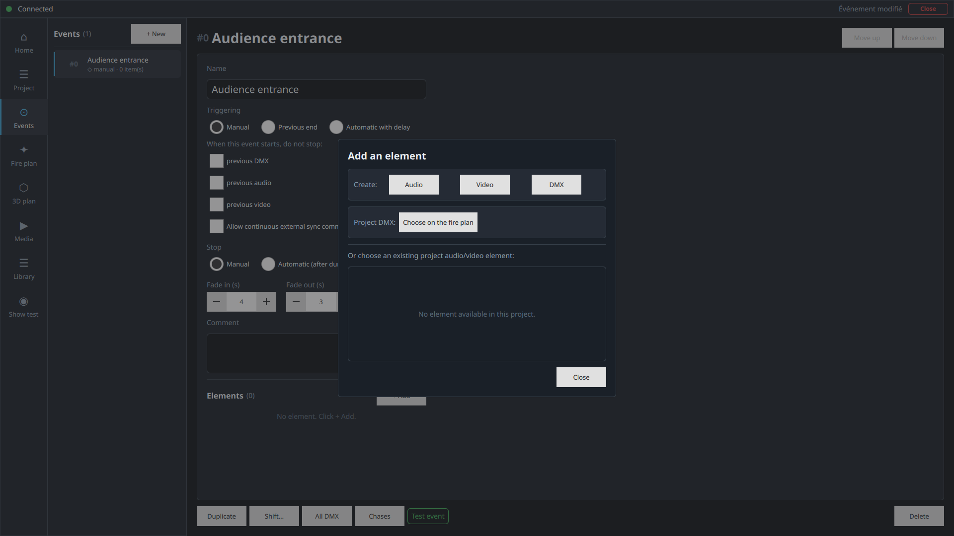 Add an element window with the Audio, Video, DMX buttons