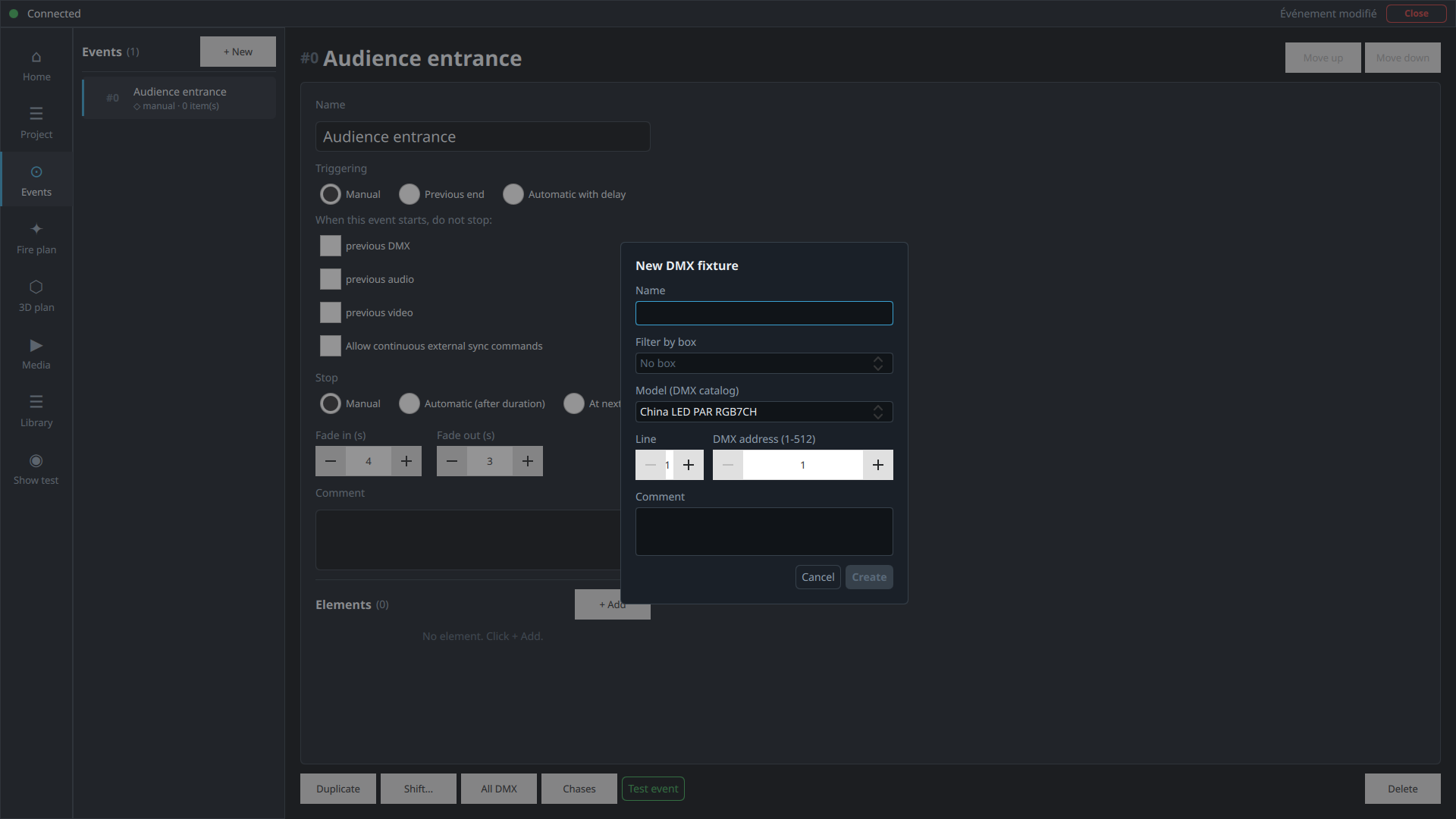 New DMX fixture dialog with Name, Filter by box, Model, Line, DMX address, and Comment fields