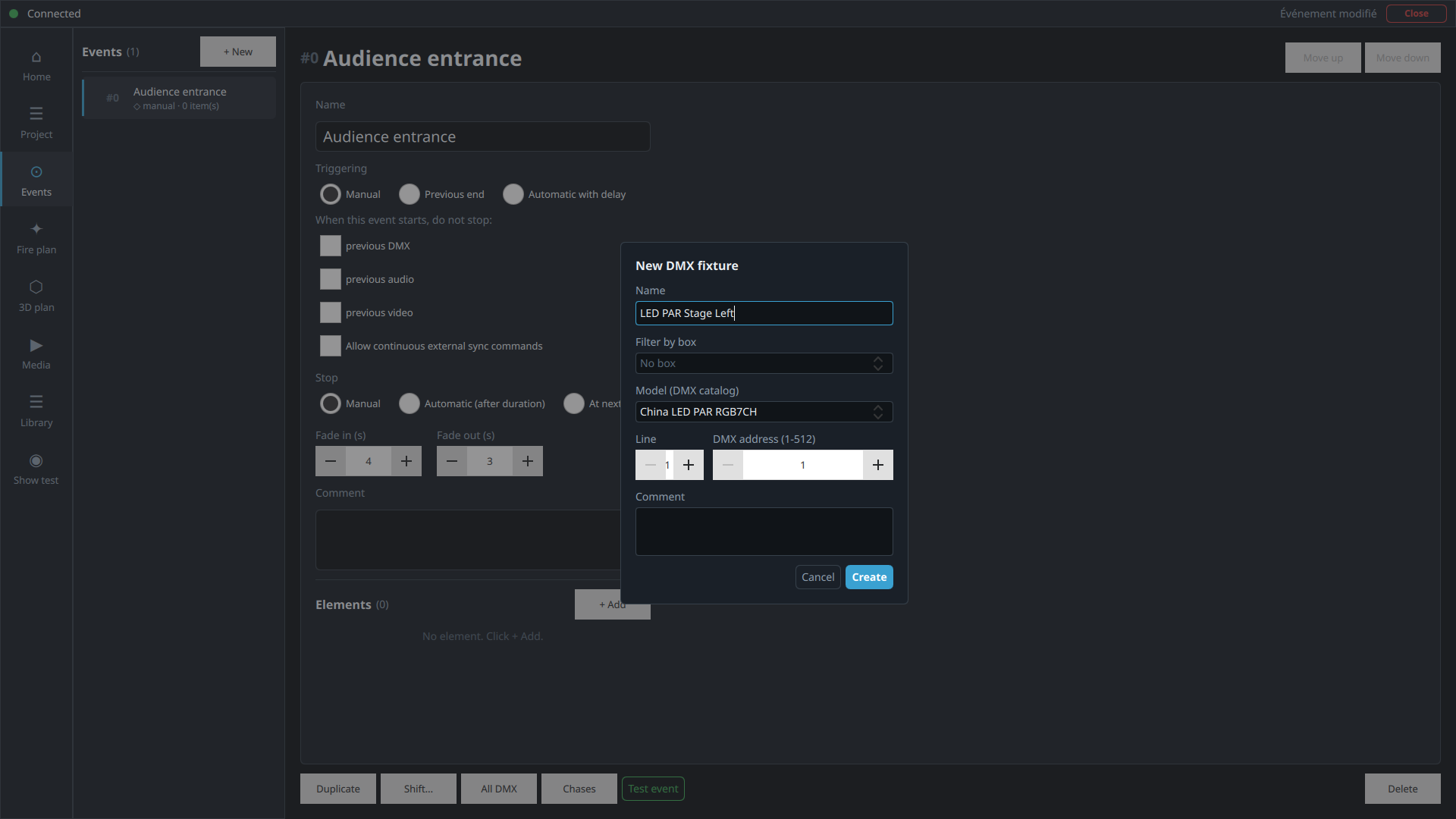 New DMX fixture dialog with the name LED PAR Stage Left entered, address 1