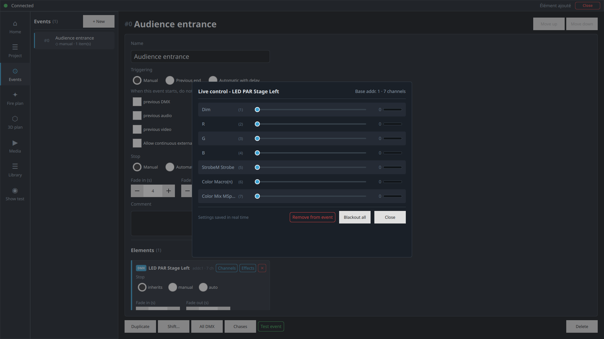 Live control panel listing the 7 channels: Dim, R, G, B, StrobeM Strobe, Color Macro(n), Color Mix MSpeed