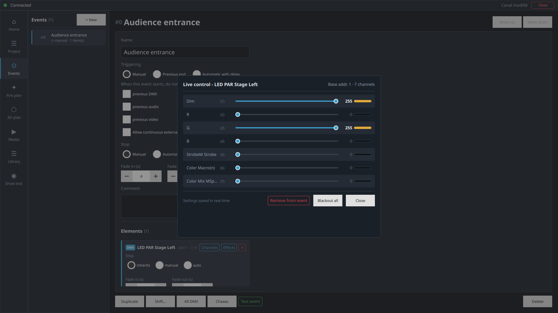 Live control panel with the Dim and G sliders at 255