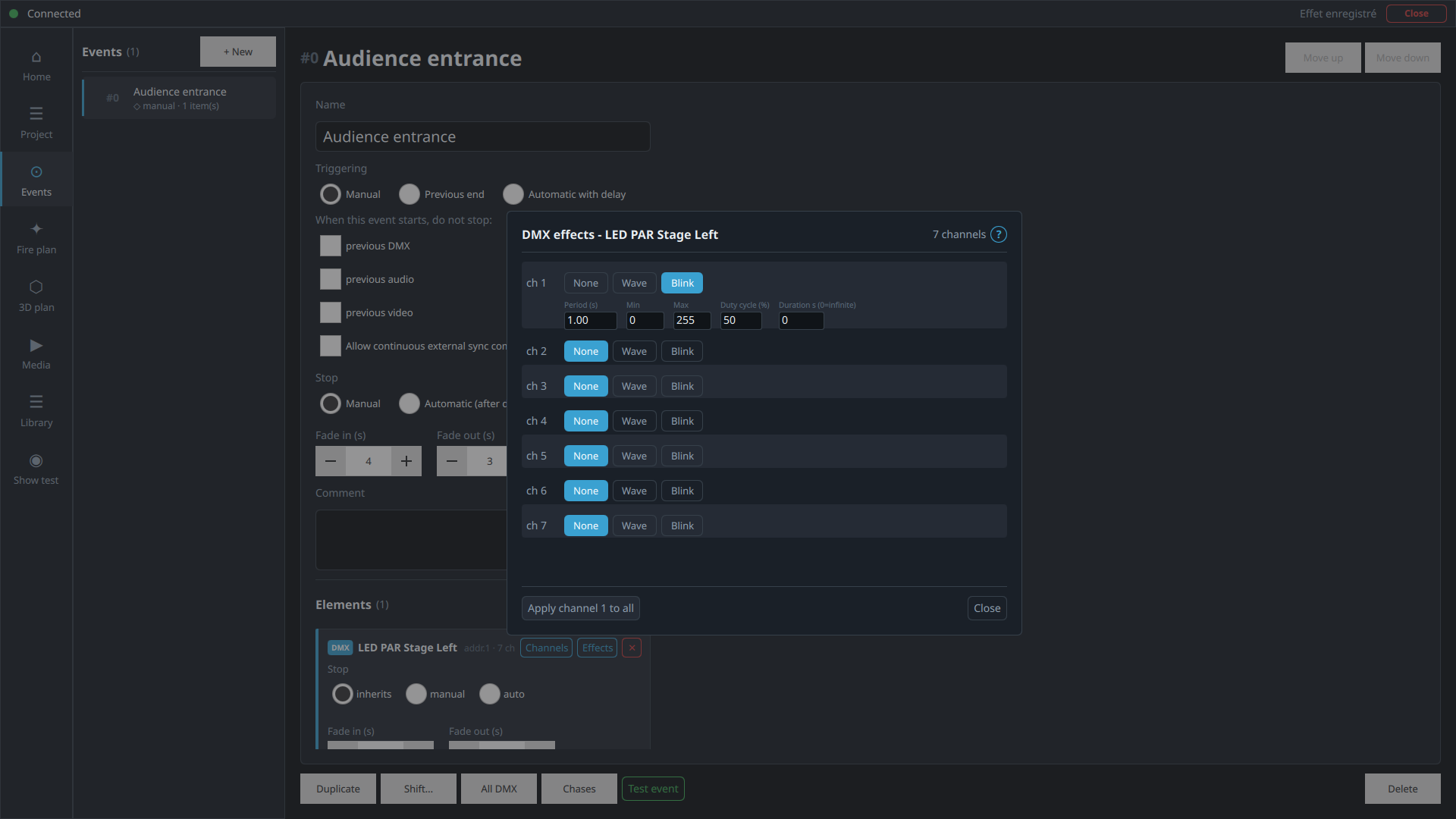 Setting up a Blink effect on channel 1 with period, min, max, duty cycle and duration