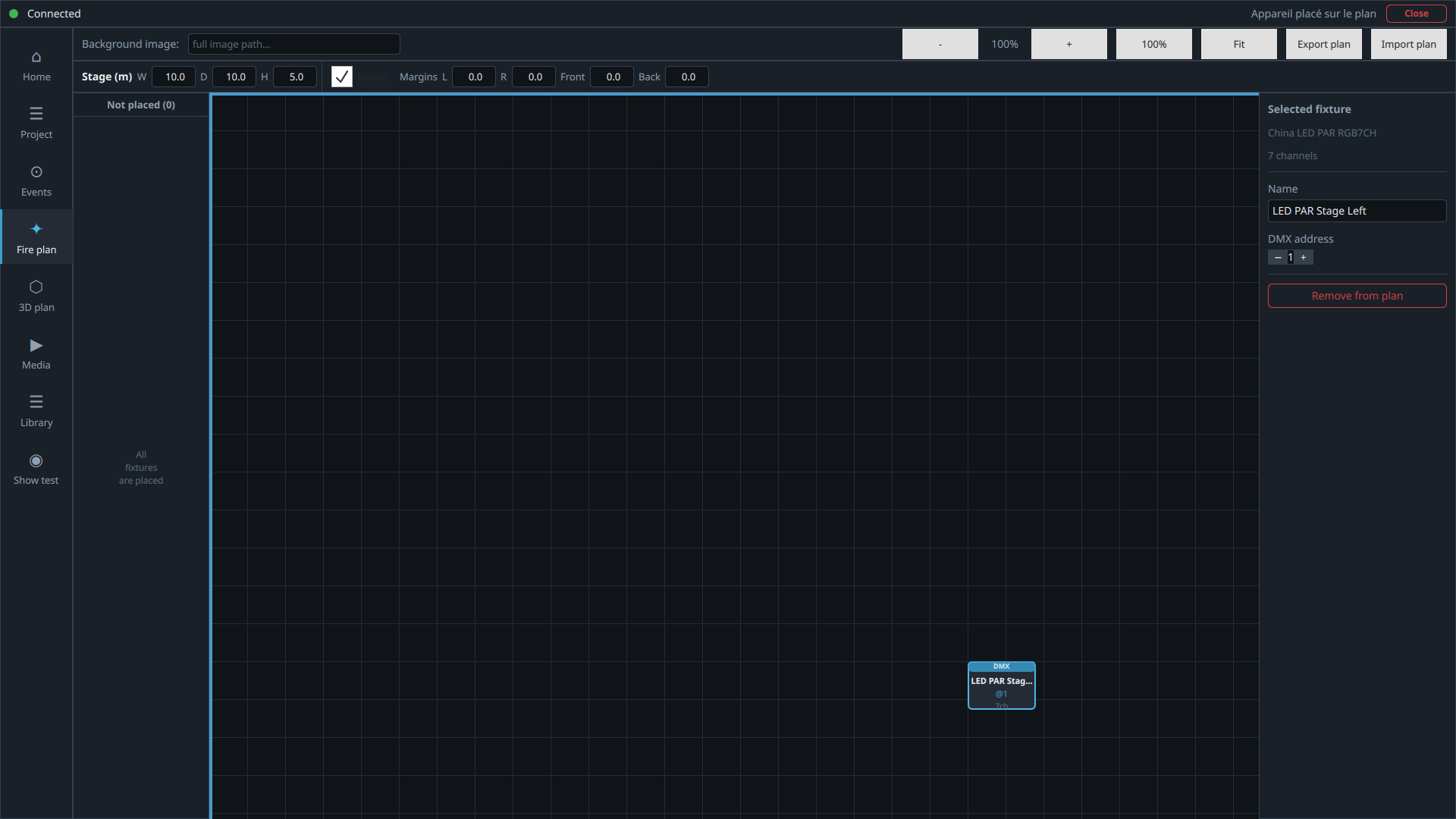 DMX element placed and selected on the fire plan, with its name and DMX address editable on the right