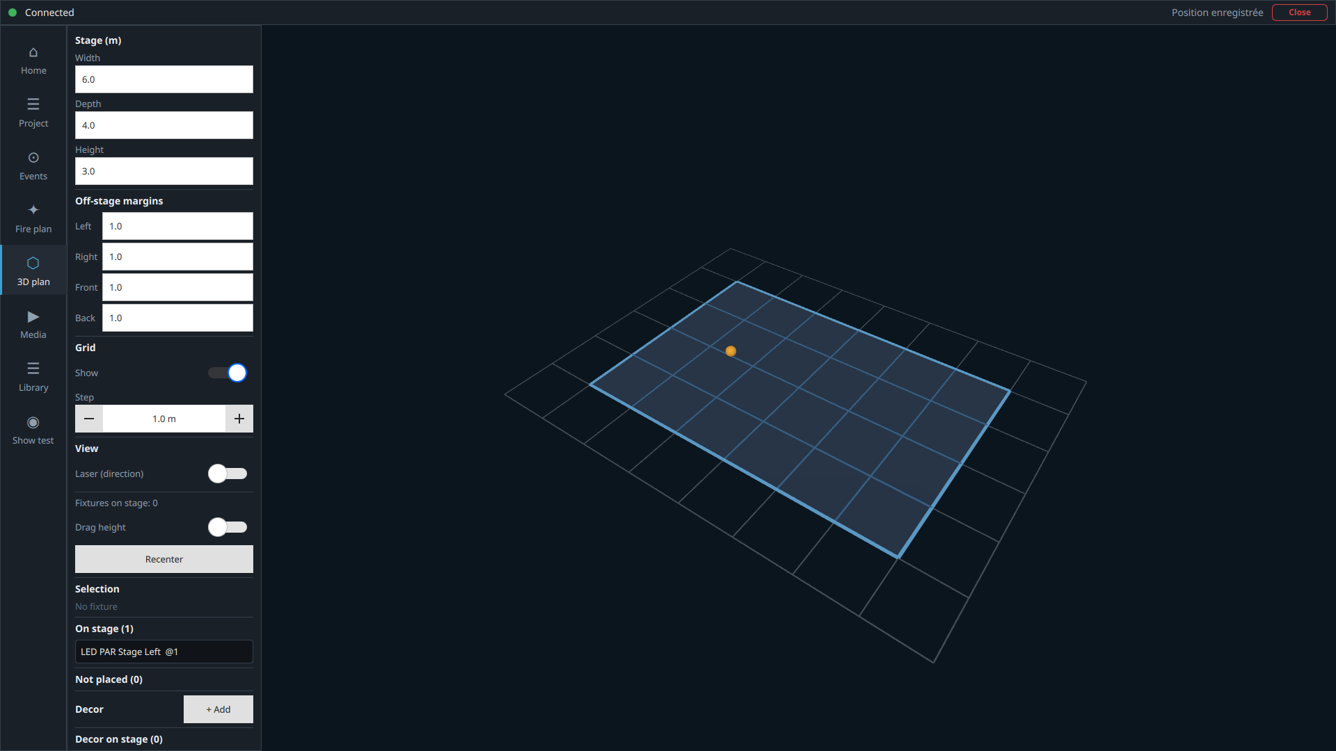 3D scene, 6 by 4 by 3 metres, with a 1 metre margin and the fixture in yellow-orange on the grid