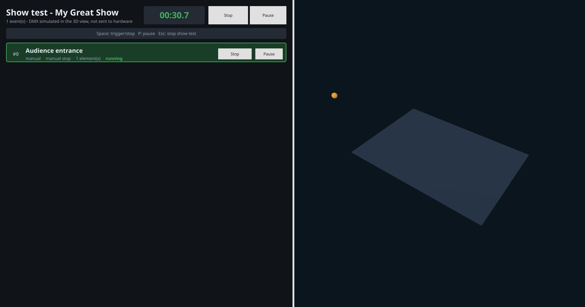 Show test with an event triggered, beam visible in 3D