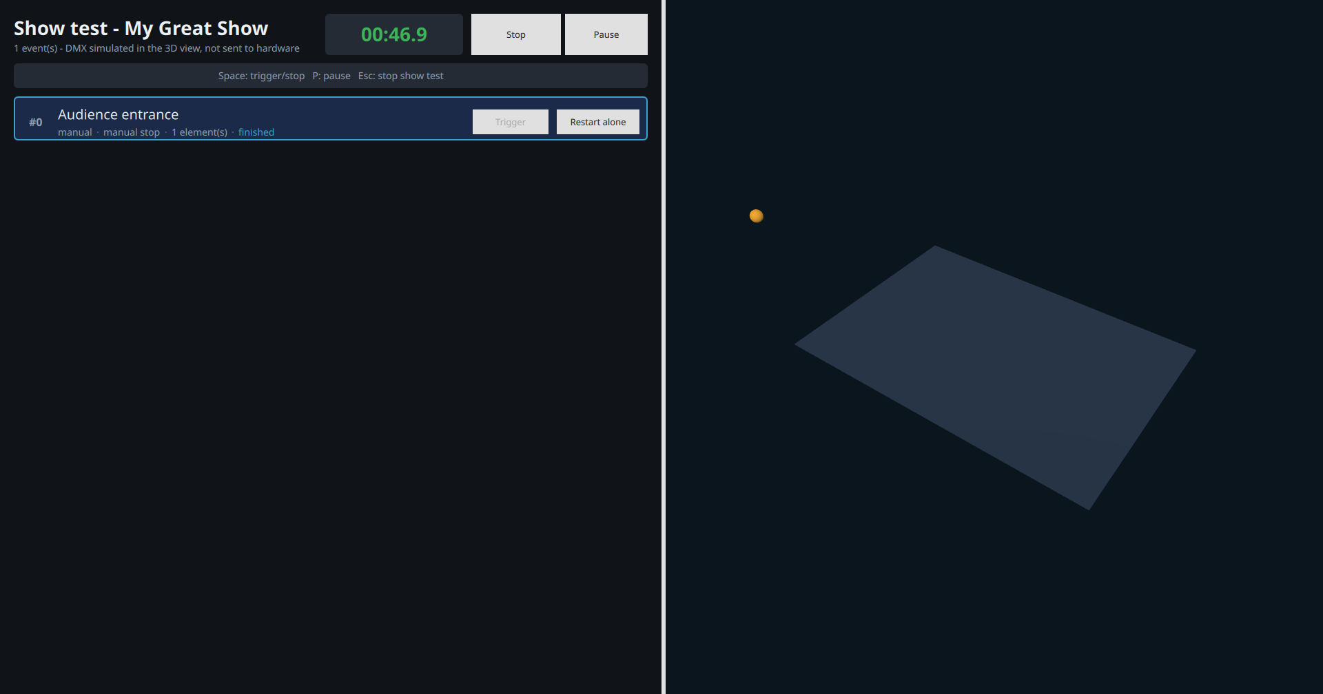 Finished event, Trigger button greyed out, Restart alone button available