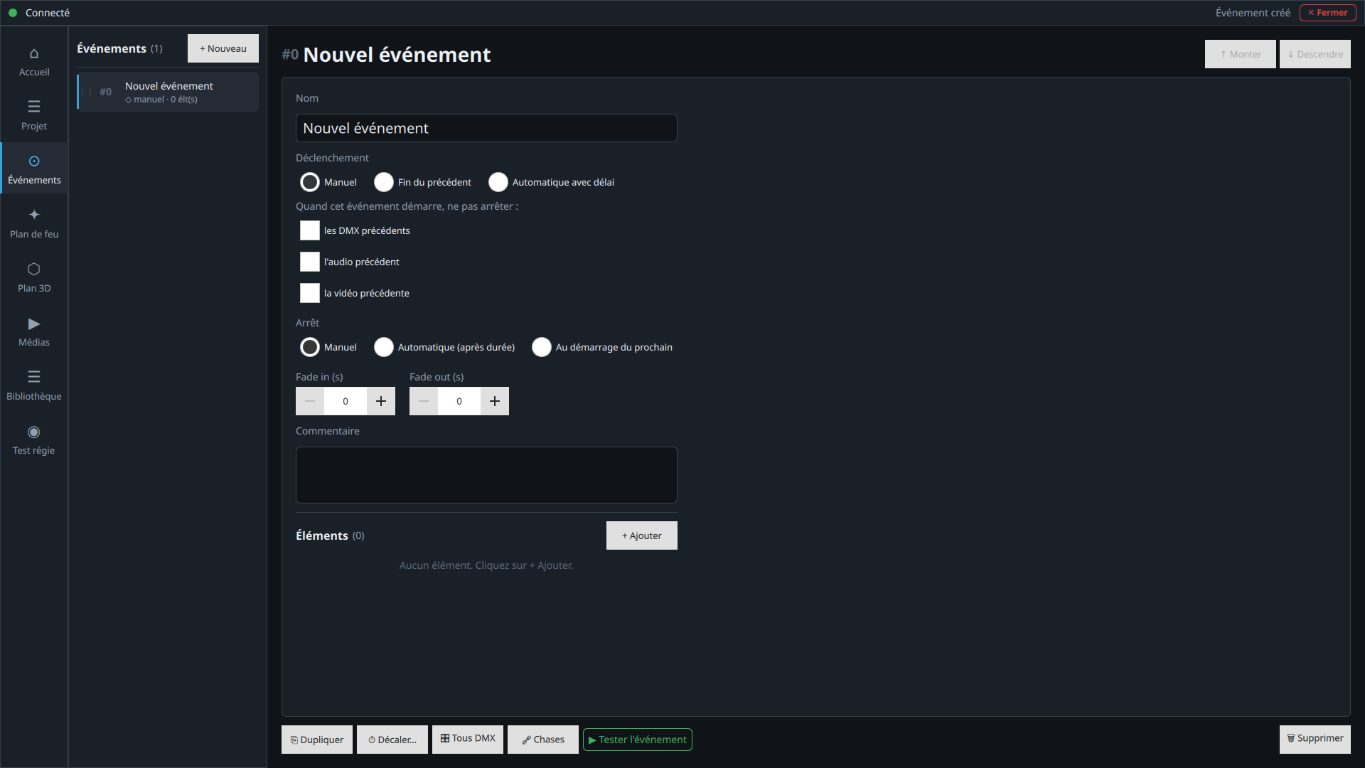 Formulaire complet de configuration d'un événement : nom, déclenchement, arrêt, fondus, éléments