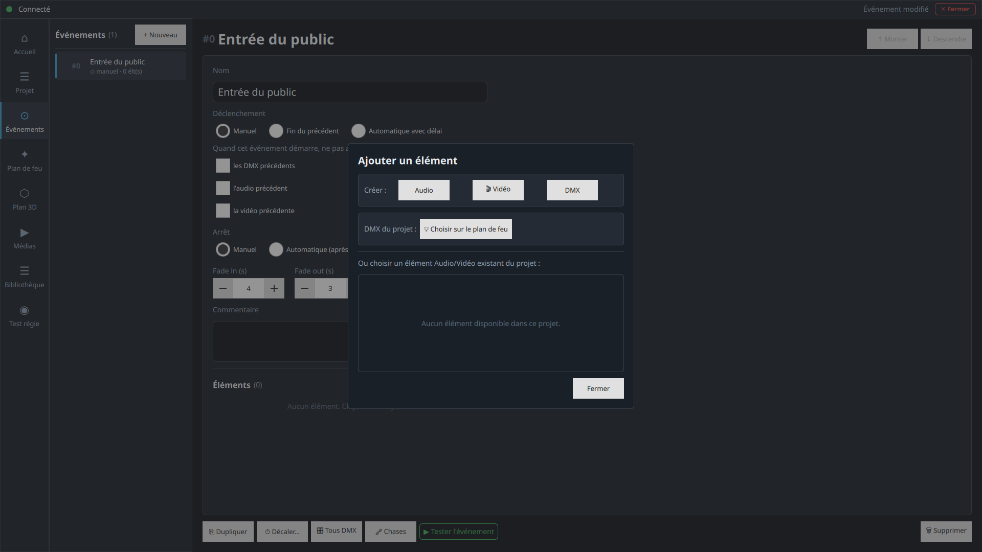 Fenêtre Ajouter un élément avec les boutons Audio, Vidéo, DMX