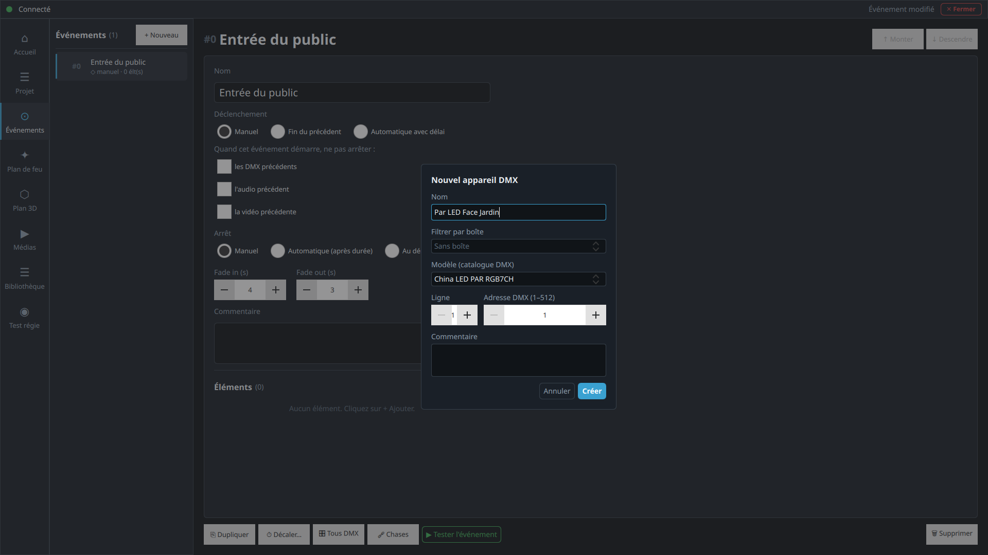 Fenêtre Nouvel appareil DMX avec le nom Par LED Face Jardin et l'adresse 1